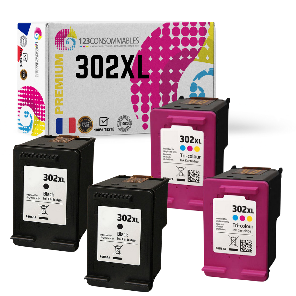 MaxiPack 4 cartouches compatible avec HP 302 XL (2 noirs + 2 couleurs)